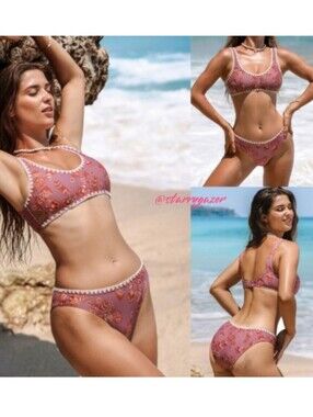 Boho Beach Scoop Neck Low Rise Crochet Trim 2-PC Bikini Set